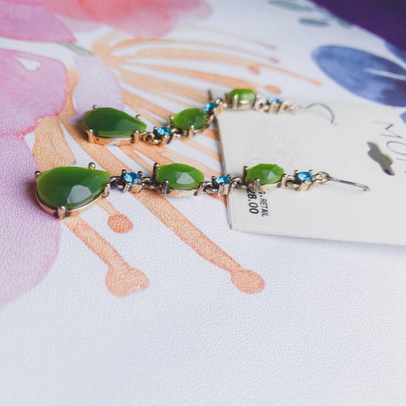 MONET Jewelry || Smokey Emerald Green Baby Blue Dimond Look Dangle Hook Earrings - Picture 4 of 6